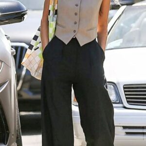 Neutral Beige Vest & Wide-Leg Pants Set